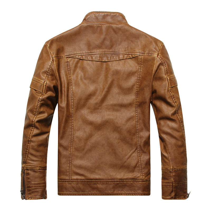 Herr Läder Jacka i Pilot Bomber Stil med Stående Krage och Vintage Look