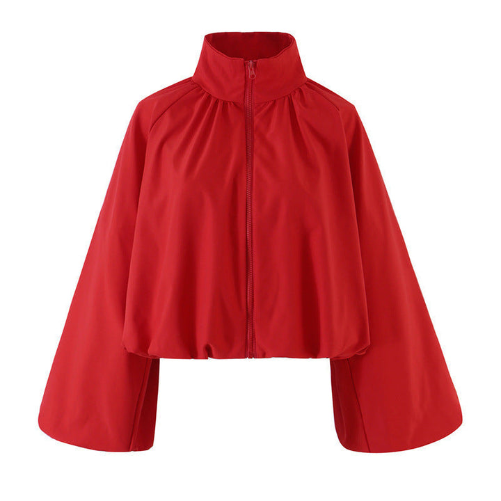 Dam Kort Cape Blouson Jacka med Wide Bell Ärmar och Stå Krage