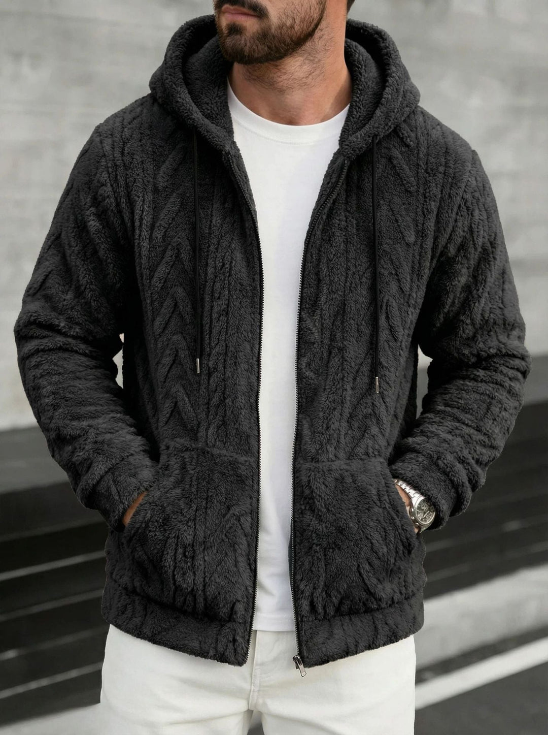 Herr Cuddly Luvtröja Jacka Gjord av Teddy Fleece med Hel Dragkedja och Kangaroo Fickor