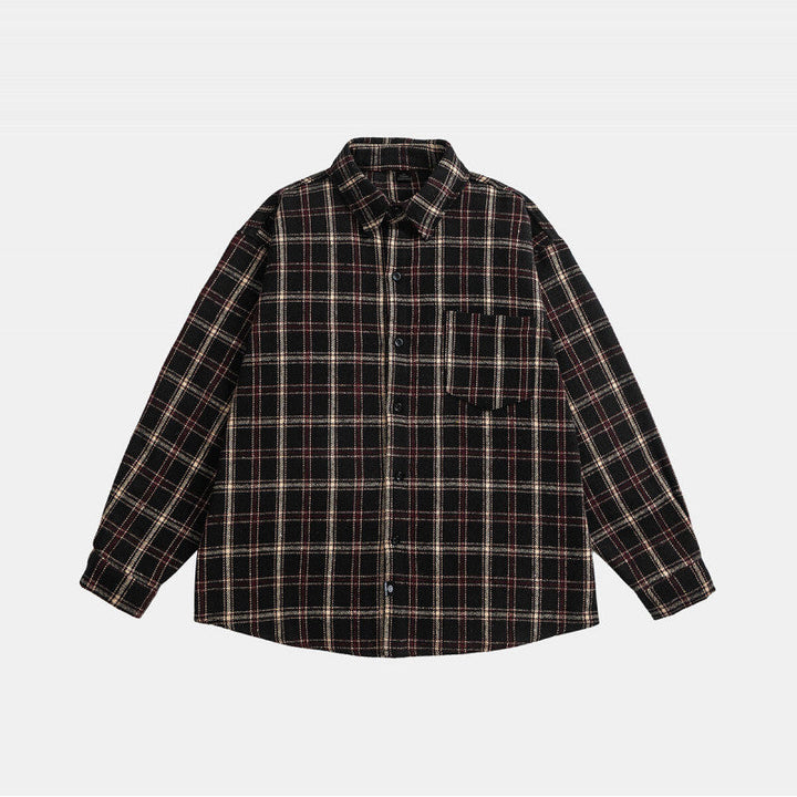 Unisex Oversized Check Skjorta Jacka i Boxig Skärning med Lapp Bröstficka och Mjuk Flanell