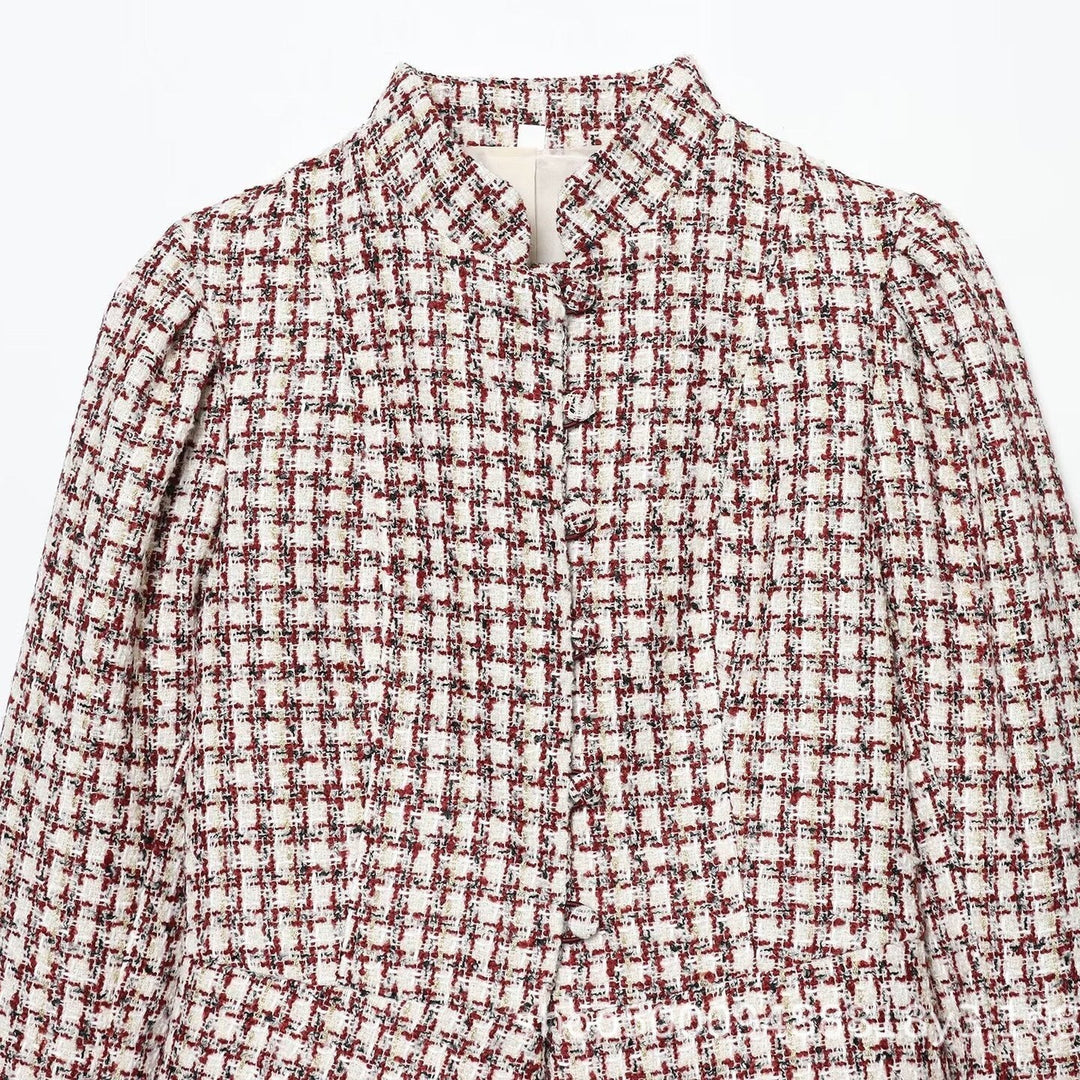 Dam kort jacka gjord boucle tweed med ståkrage och faux fur muddar