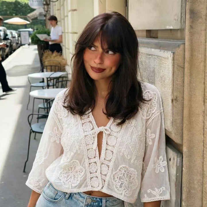 Dam Boho Crochet Lace Jacka med V-Neck och Tie