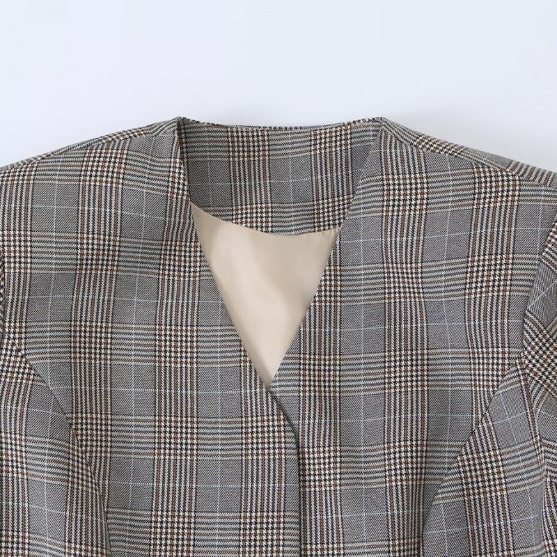 Dam Tailored Box Blazer Jacka i Glencheck med V-Neck och Cord Tie Belt