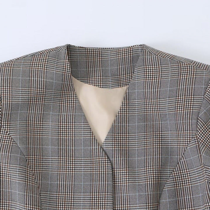 Dam Tailored Box Blazer Jacka i Glencheck med V-Neck och Cord Tie Belt