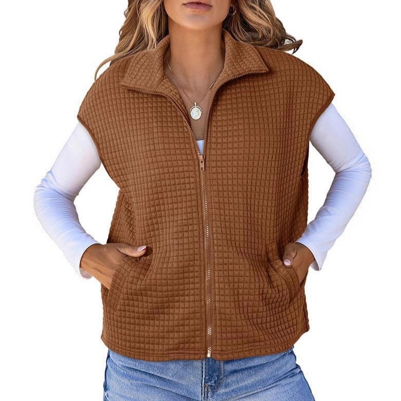 Dam Quiltad Väst med Strukturerad Waffle Look, Ståkrage och Hel-Length Dragkedja
