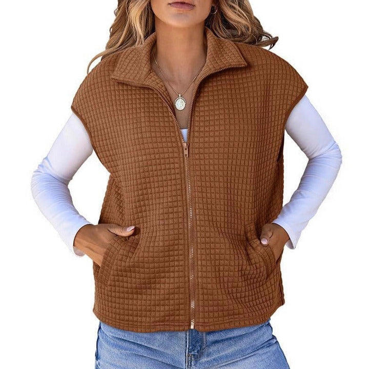 Dam Quiltad Väst med Strukturerad Waffle Look, Ståkrage och Hel-Length Dragkedja