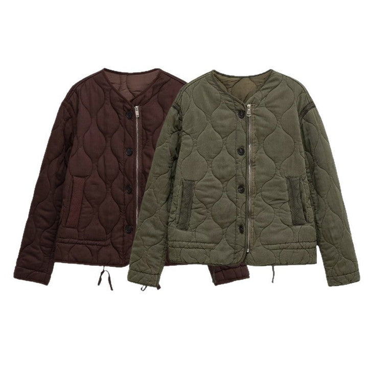 Dam Quiltad Övergångsjacka med Dragkedja och Knapplist, Round Neck och Dragsko