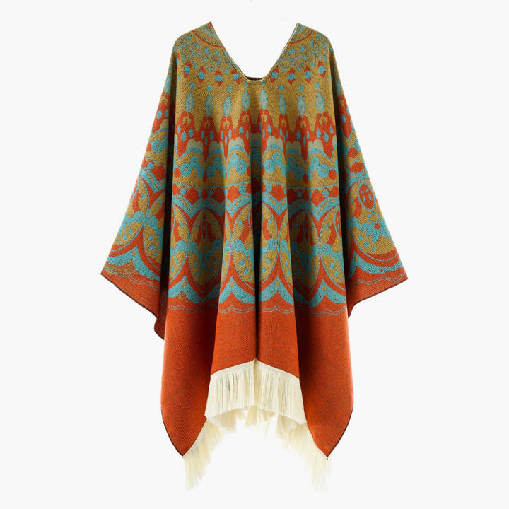 Dam Woven Jacquard poncho med V-Neck, Ethno tryck och Fringes
