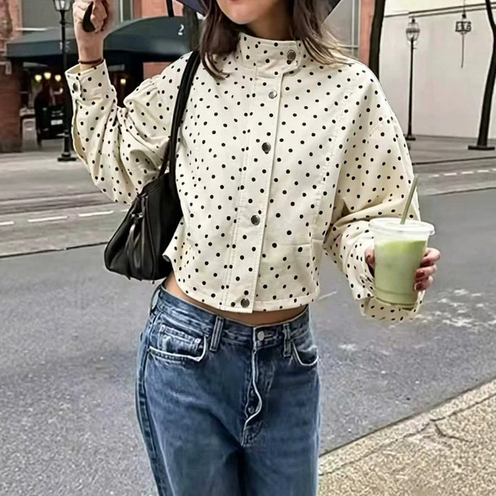 Dam Polka Dot Cropped jacka med Stand krage, Balloon ärmar, och Snap knappar