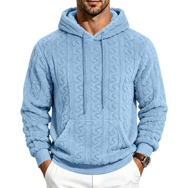Herr Teddy Fleece Pullover med Cable Mönster, Huva och Känguruficka