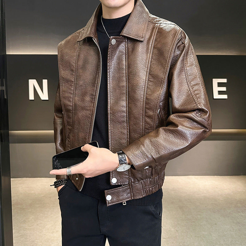 Herr Kort oversize Läder Imitation Blouson med ståkrage, Dragkedja och elastisk fåll