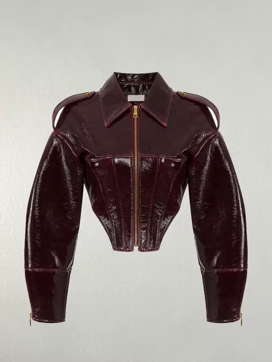 Dam Kort-Skärning Faux Patent Läder Blouson med Skräddarsydd Corset Skärning