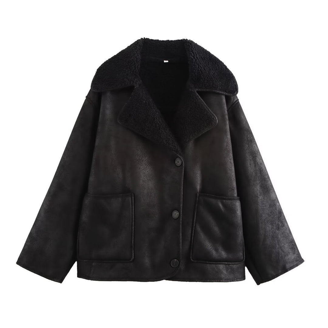 Dam Kort Lambskin Look Jacka i Boxig Skärning med Sjalrakrage och Utanpåfickor