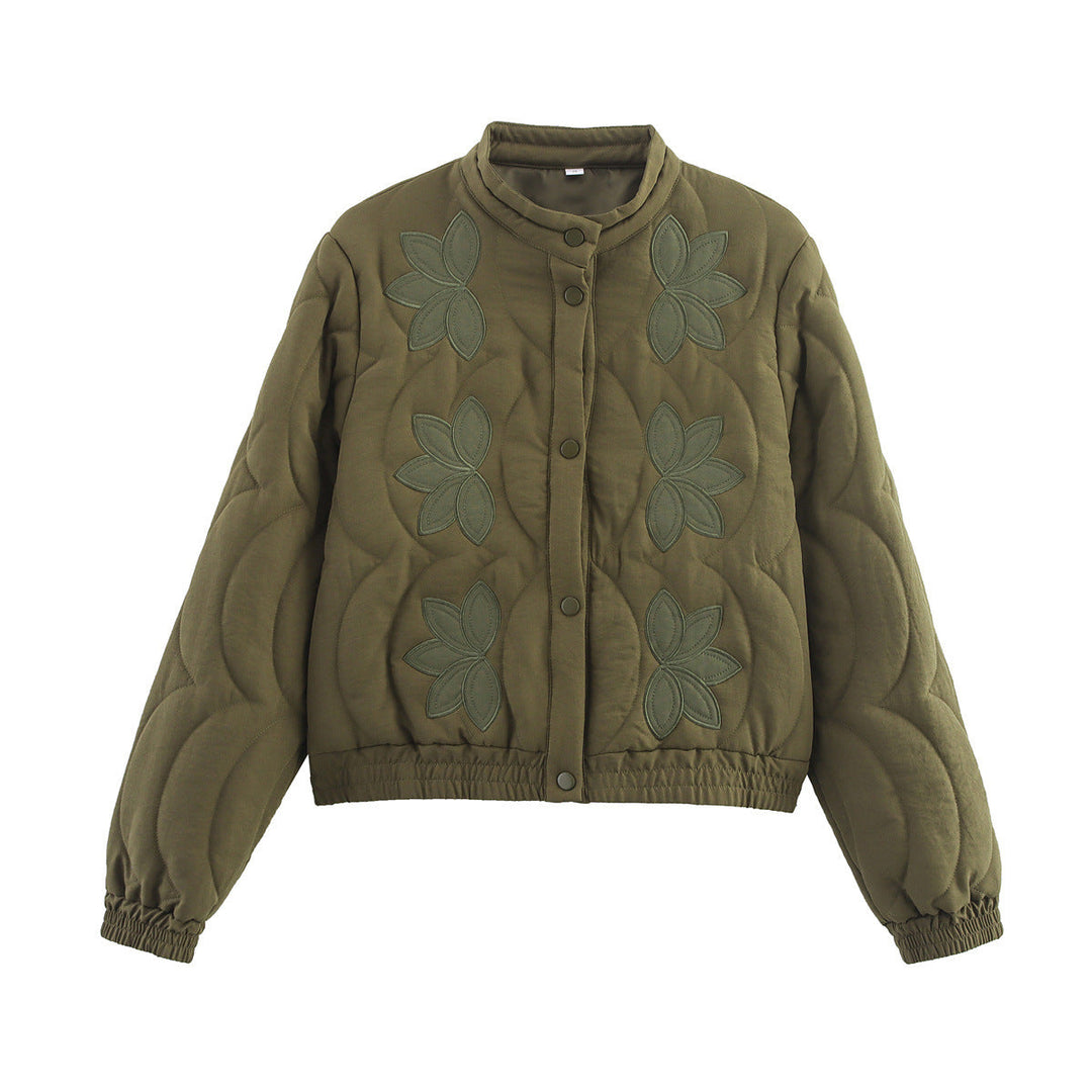 Dam kort kviltad Blouson med blommig kviltad Application, ståkrage och Elastic Waistband