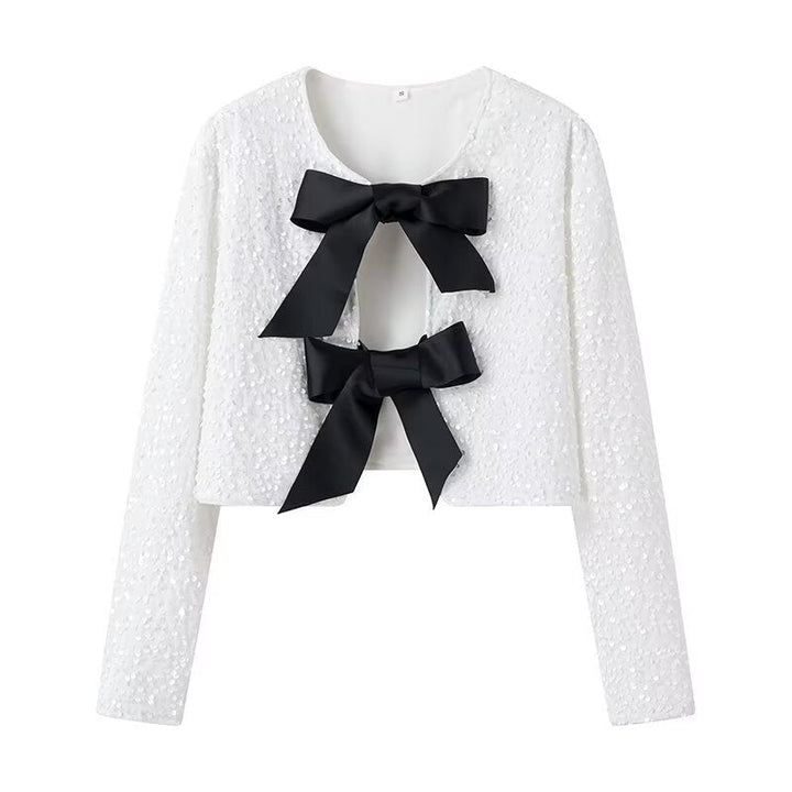 Dam kort Sequin jacka med dekorativ Bows, Round Neckline och lång ärmar