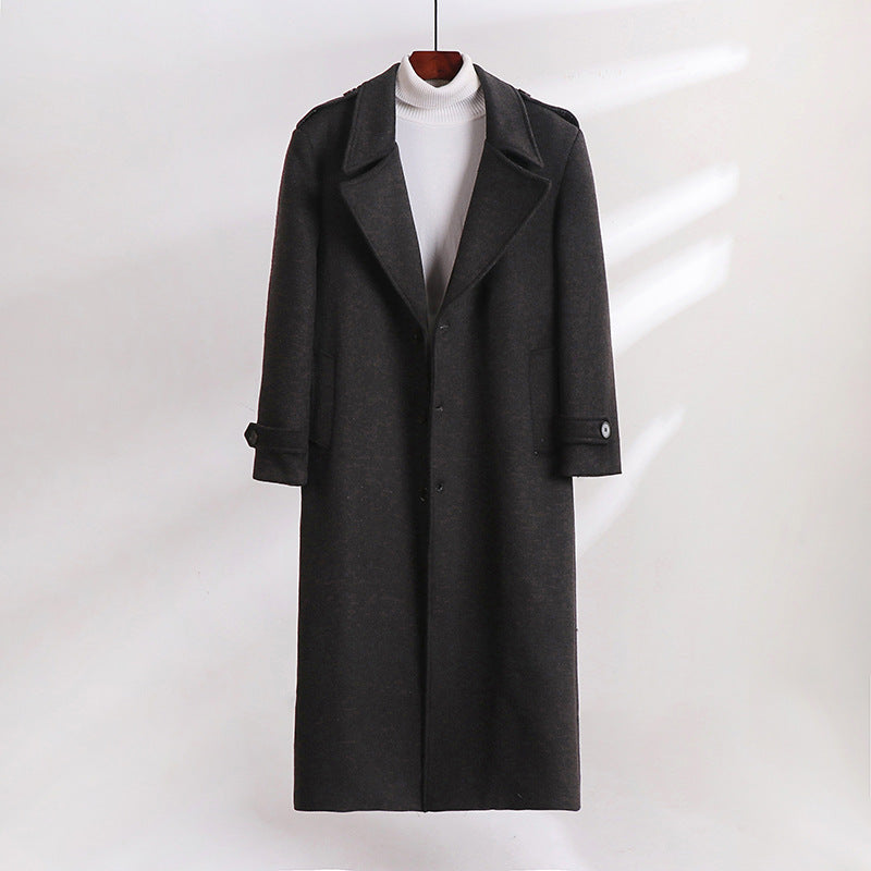 Herr Maxi-Length Ullblandning Overcoat med Boxig Siluett, Sjalkrage Krage och Dekorativa Axelklaffar