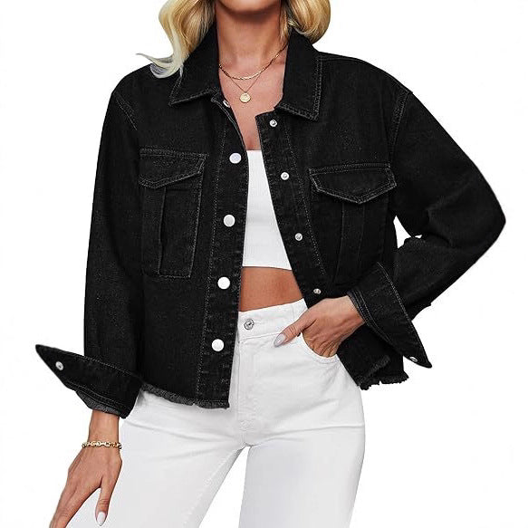 Dam kort denimjacka med Fringed fåll och Patch bröstfickor