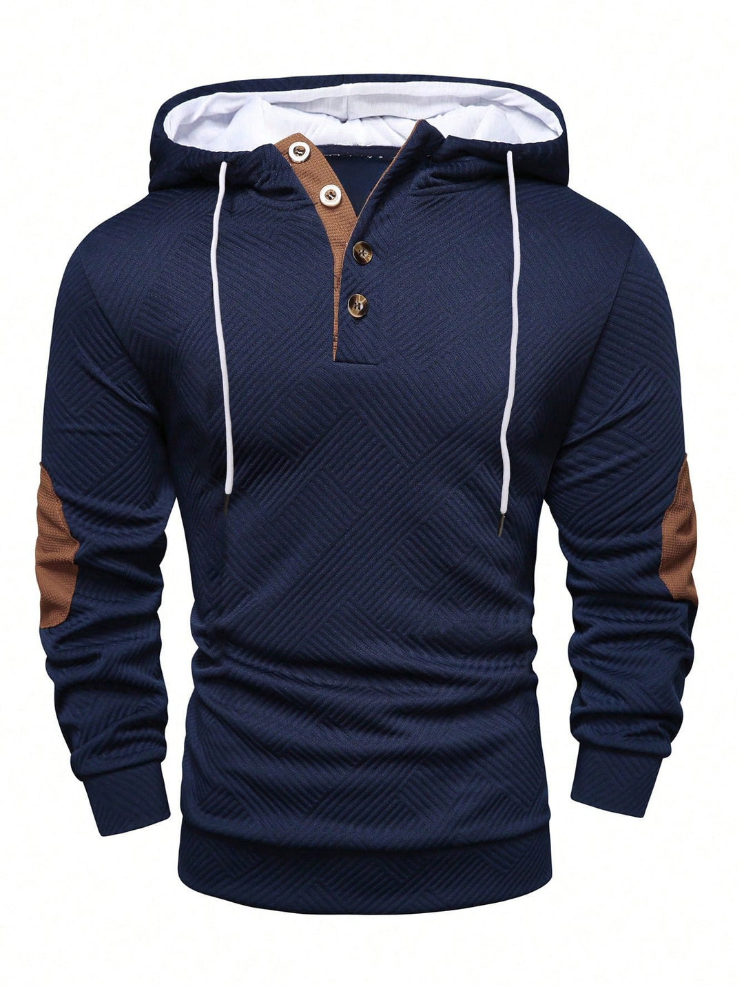 Herr Strukturerad Luvtröja i Henley Stil med Contrast Kant och Elbow Lappar