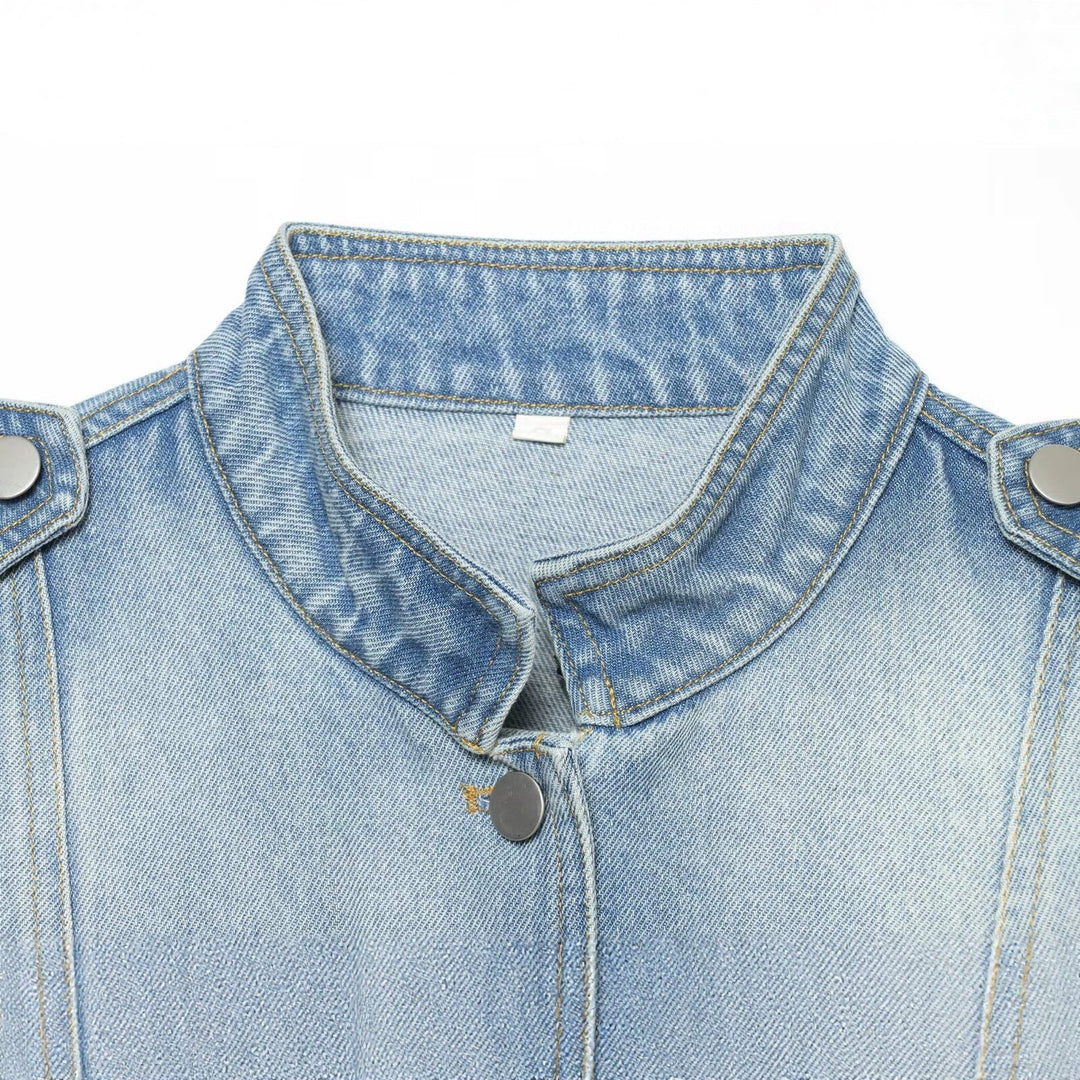 Dam Utility Stil Denim Kort Jacka med Epaulettes