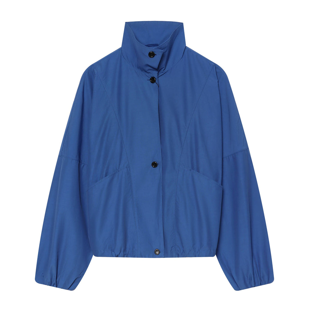 Dam Kort Jacka i Blouson Stil med Hög Standing Krage, Drawstring Waistband och Balloon Ärmar
