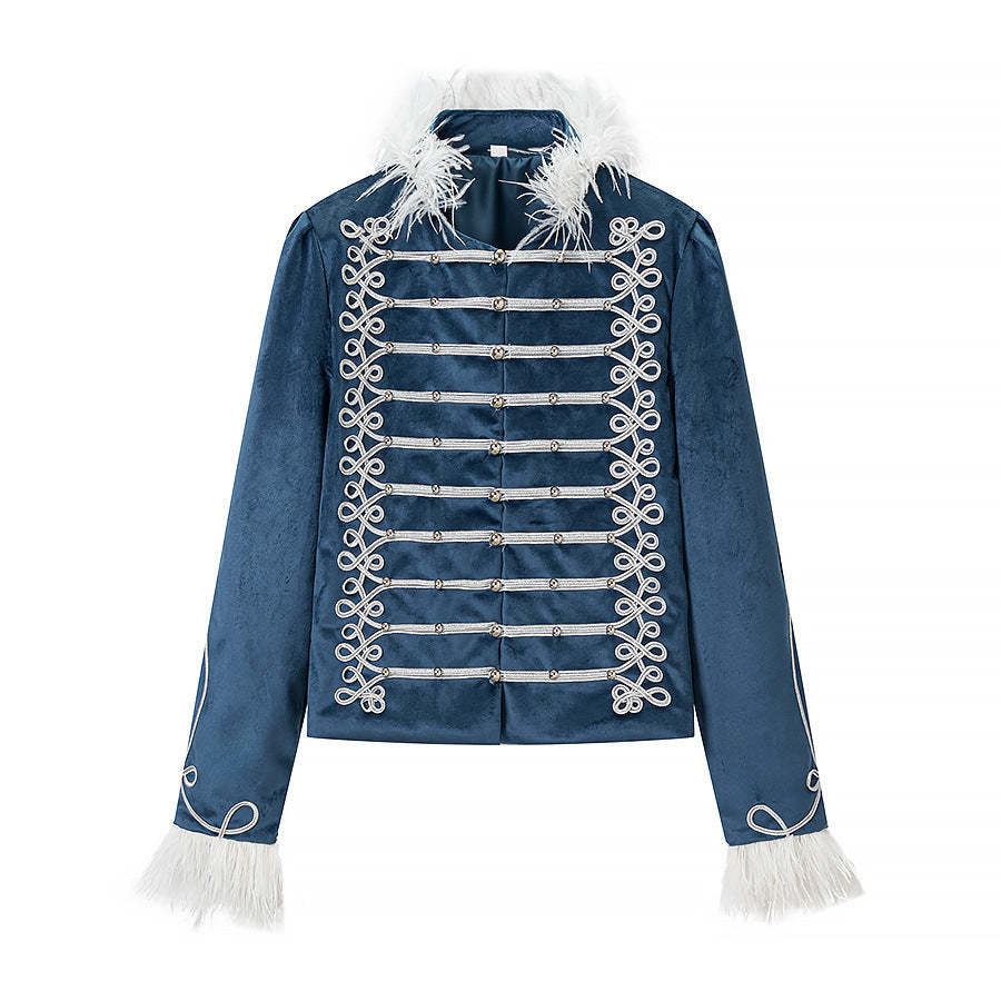 Dam sammet Military jacka med dekorativ Straps och Feather Trim