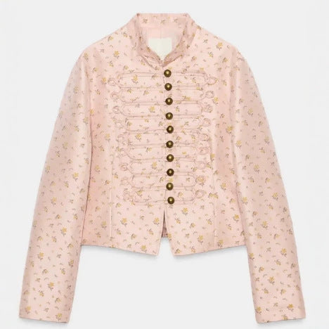 Dam Kort Military Blouson med Mandarin Krage, Dekorativ Cords och Blommig Vävd Texture