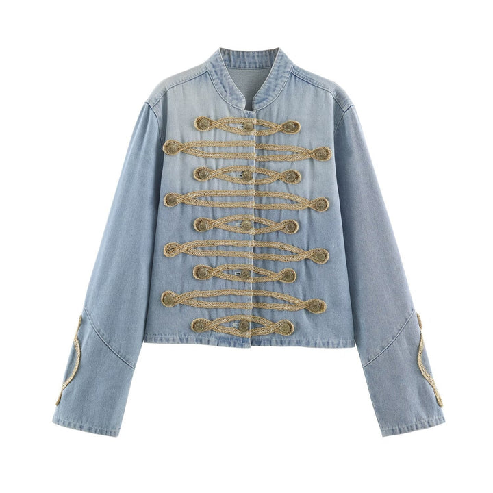 Dam Kort-Skärning Denim Jacka i Militär Stil med Decorative Cord Appliqués
