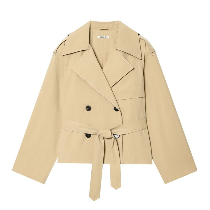 Dam kort double-breasted trench blazer med knytband och epaulettes