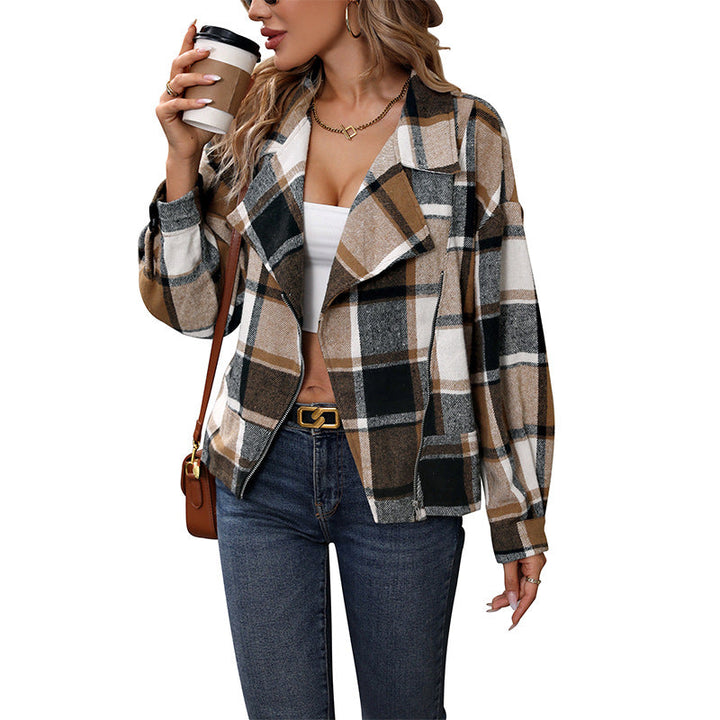 Dam oversized Check Shacket med Notched krage, dragkedja &amp; påsydda fickor