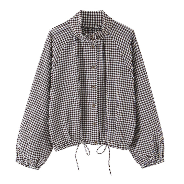 Dam Rutig Gingham Blouson med Drawstring Nederkant, Raglan Ärmar och Stå Krage