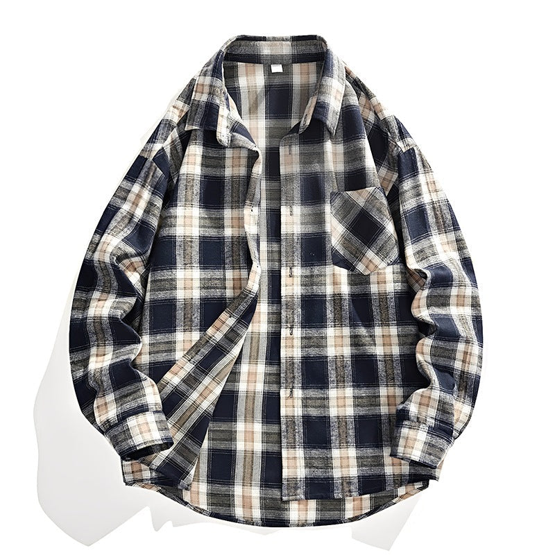 Herr Oversized Rutig Flannel Skjortjacka med Breast Ficka och Rundad Fåll
