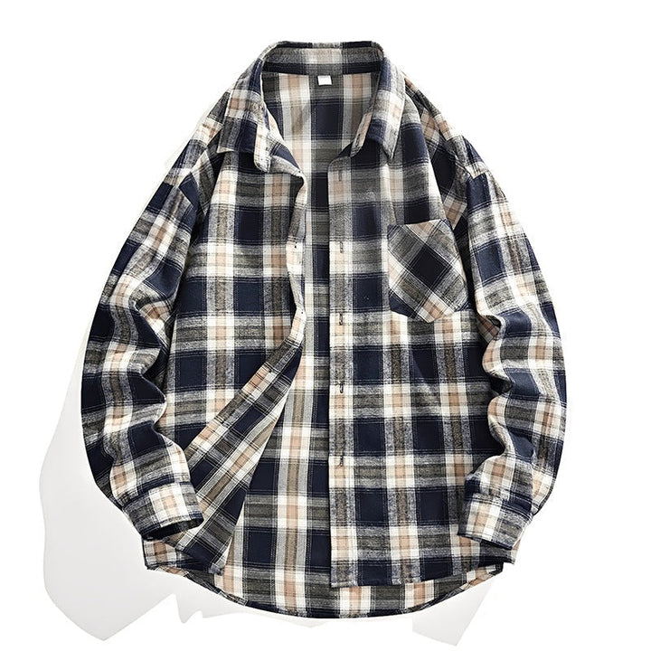 Herr Oversized Rutig Flannel Skjortjacka med Breast Ficka och Rundad Fåll