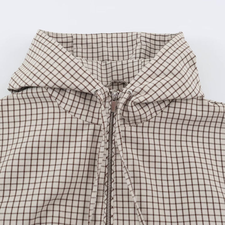 Dam Kort Rutig med Huva Blouson med Drawstring, Dragkedja och Elastic Muddar