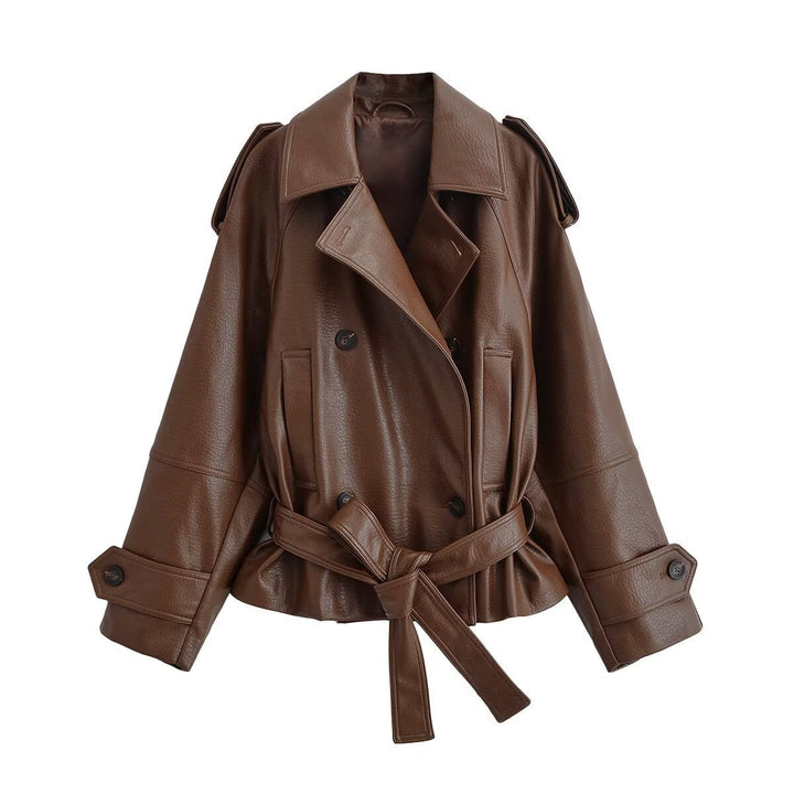 Dam kort Double-Breasted konstläder trench med midjebälte och Shoulder Epaulettes