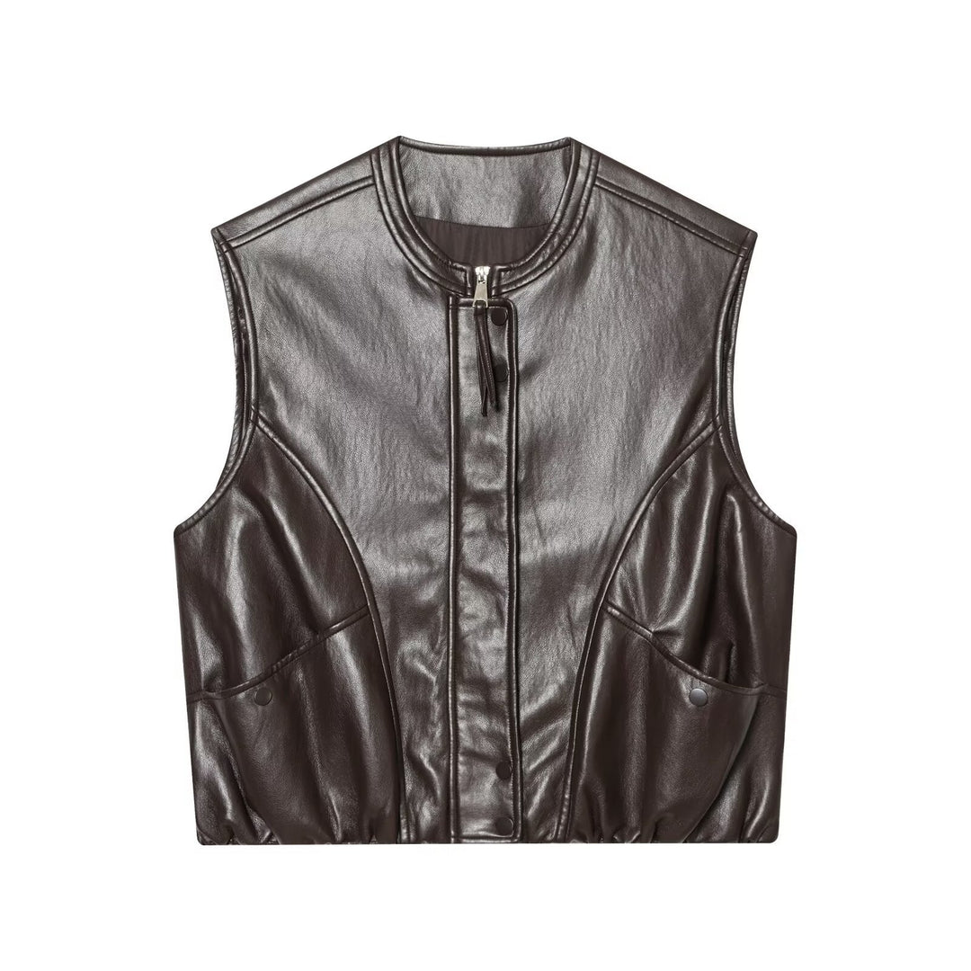Dam Sleeveless Jacka i Läderlook med Stå Krage och Tailored Passform