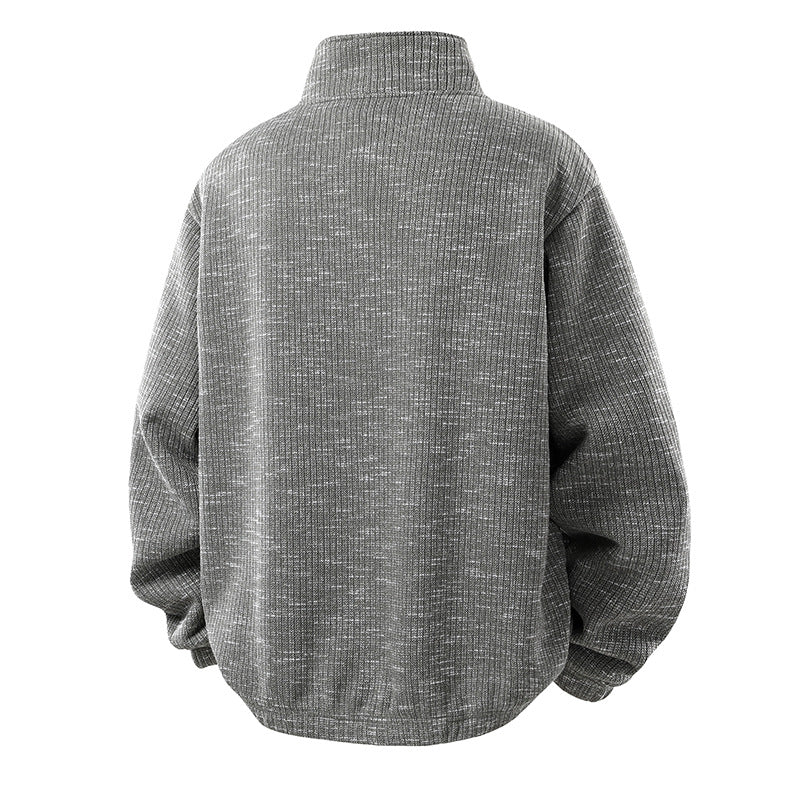 Herr Oversized Stickad Look Halv Dragkedja Tröja med Ståkrage och Dragkedja Fickor