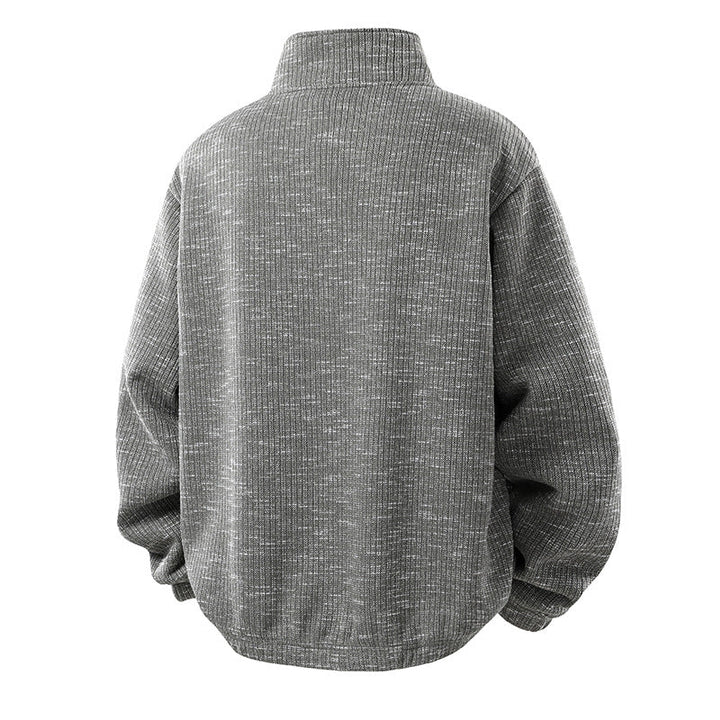 Herr Oversized Stickad Look Halv Dragkedja Tröja med Ståkrage och Dragkedja Fickor