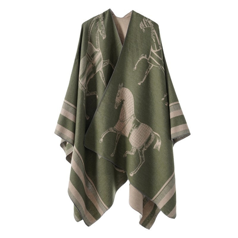 Dam Jacquard Poncho Wrap med Horse Motif och Boxig Kimono Silhuett