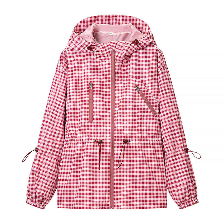 Dam 20+ Lätt Rutig med Huva Jacka med Drawstring, Dragkedja, och Funktionell Fickor