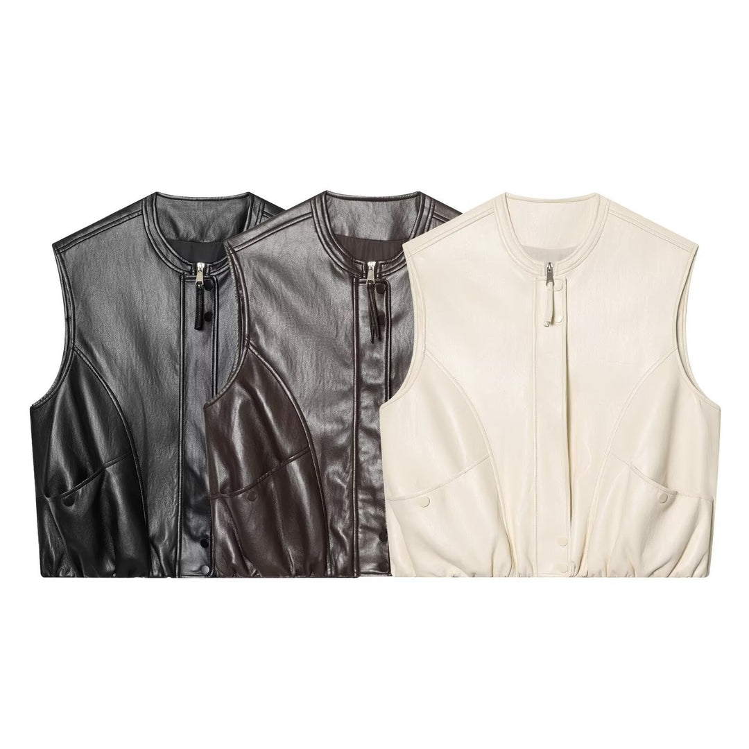 Dam Sleeveless Jacka i Läderlook med Stå Krage och Tailored Passform