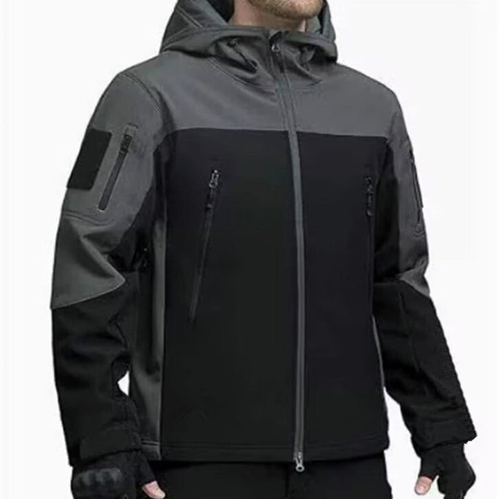 Herr softshell taktisk Jacka med huva, Reinforced Ärmar och flera fickor med dragkedja