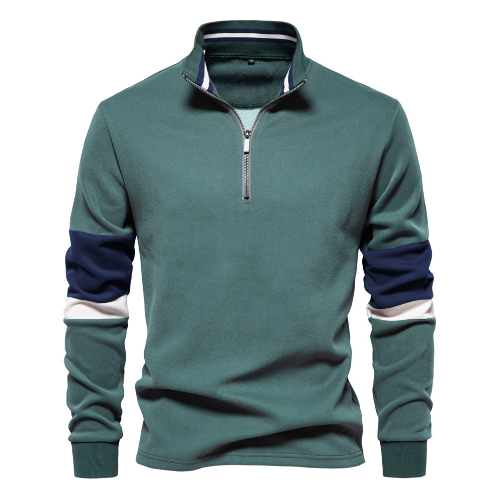 Herr Halv Dragkedja Pullover med Ståkrage, Randig Krage Inner Band och Contrast Ärmar