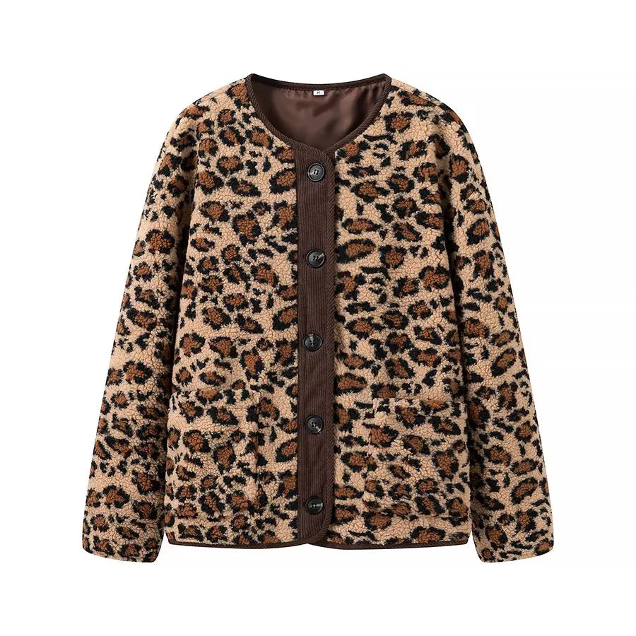 Dam teddy jacka med leopardprint button closure och manchester kant