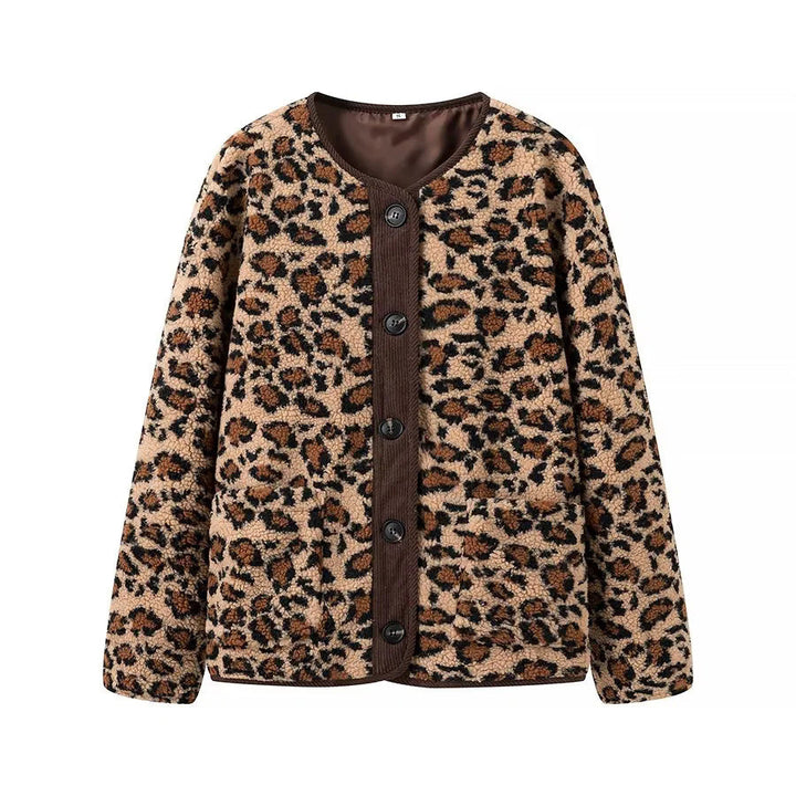 Dam teddy jacka med leopardprint button closure och manchester kant