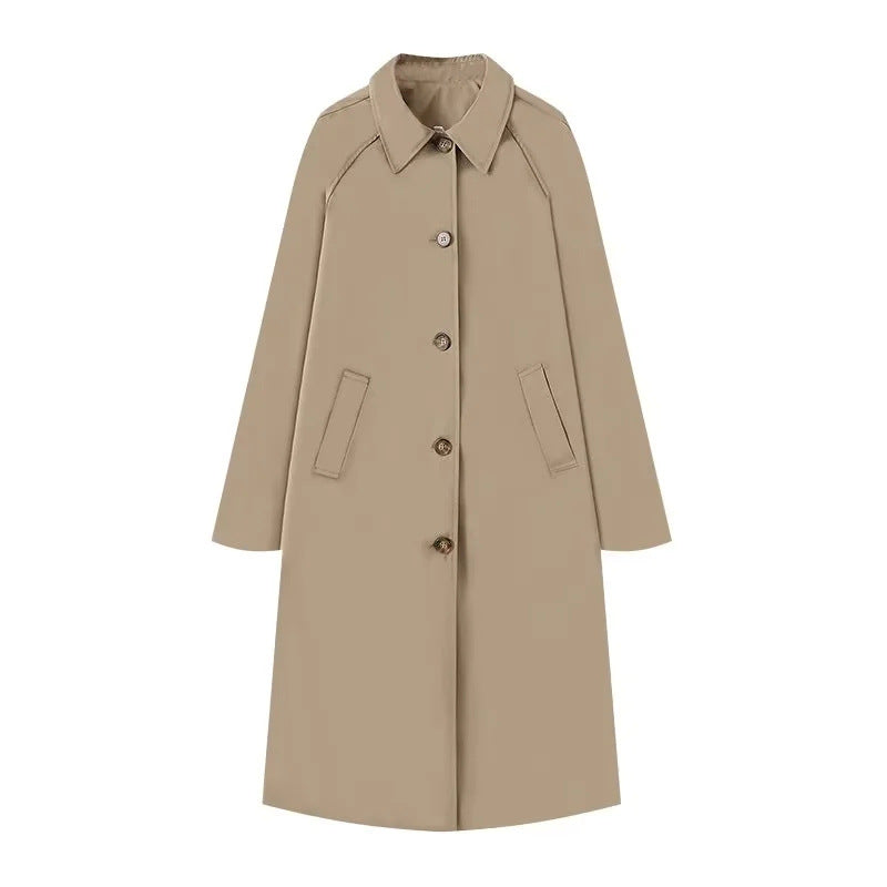 Dam 400+ Lång Skärning Trenchcoat med Raglan Ärmar och Dold Knapp Knäppning
