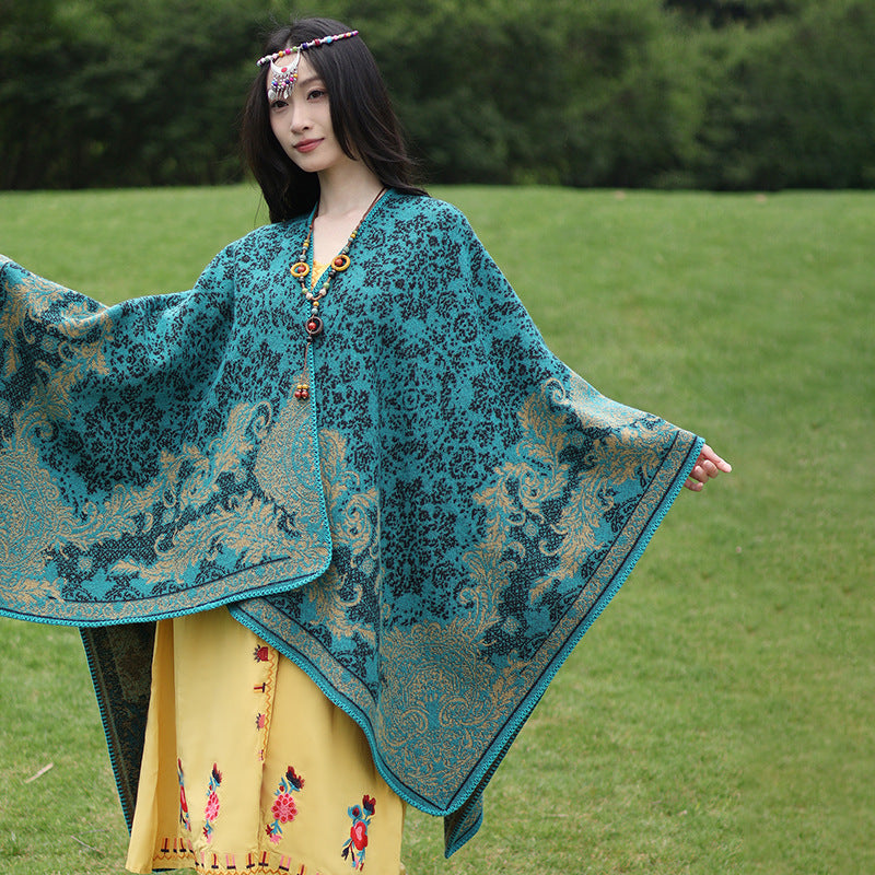 Dam Ornamental Jacquard capeponcho med Open Fall och Decorative Overlock Stitch