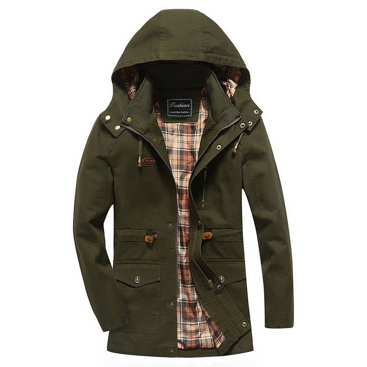 Herr Canvas Parka med Huva, Checkered Fodrad Interior och Utility Fickor