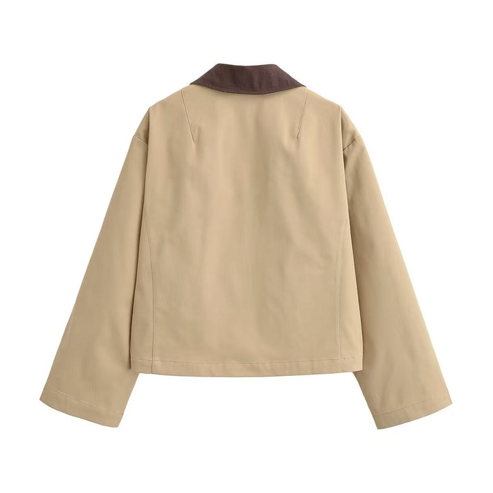Dam Kort Skärning Blouson Jacka med Contrast Krage och Avslappnad Boxig Silhuett