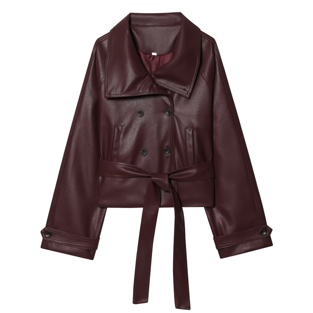 Dam Kort Skärning Faux Läder Trenchcoat med Oversize Lapels, Double-Breasted Knapp Knäppning och Tied Belt