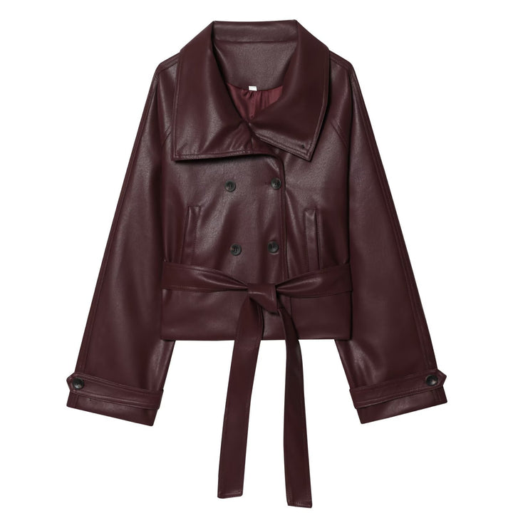 Dam Kort Skärning Faux Läder Trenchcoat med Oversize Lapels, Double-Breasted Knapp Knäppning och Tied Belt